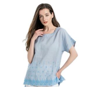 Minibee Blue Summer Linen Tunic Shirt High Low Hem Embroidery Blouse Top L